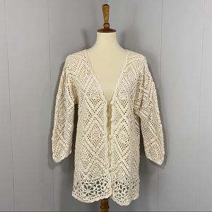 Vintage 90's Diamond Crochet Cream Tunic Cardigan w/ Button-Up Front